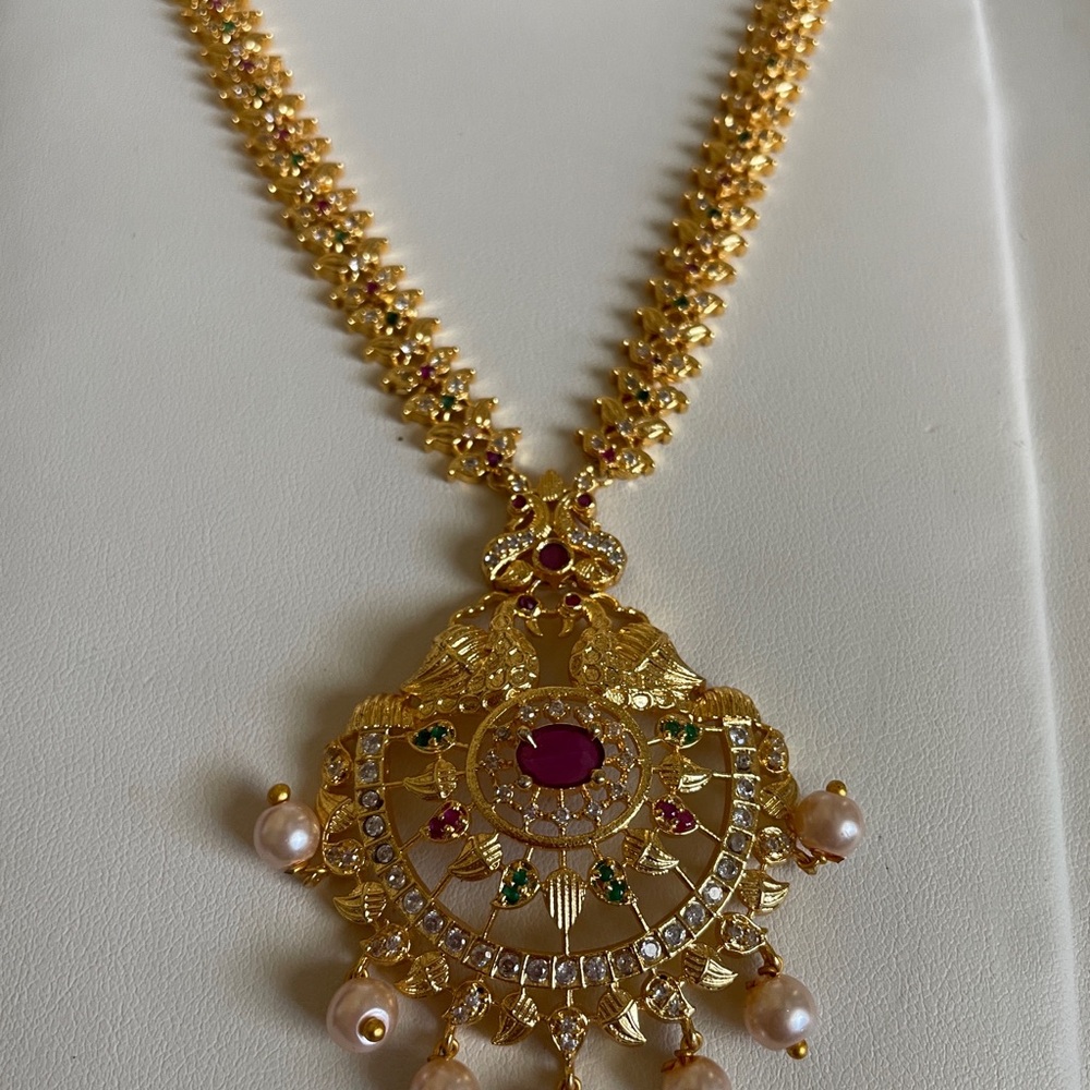 Gold-Tone Women’s Pendant Necklace with Pink & Green Stones